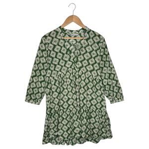 Zara Dress Womens M Mini Cadie Geometric Print Boho Tiered Pleated Tie Green